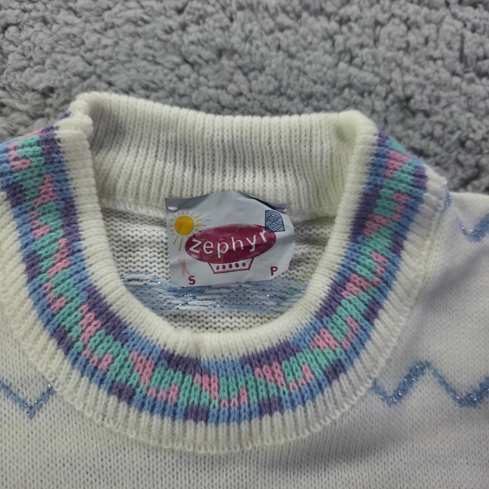 Vintage Zephyr Kids White Pastel Fair Isle Metallic Knit Sweater Canada S - Picture 2 of 7